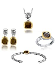 Phillip Gavriel Twisted Sterling Silver 18K Gold and Smokey Quartz - Earrings - Ring - Bangle and Nekclace Set
