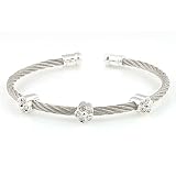 Choice of Stainless Steel Grey, Black or Yellow Cable w/ Sterling Silver Flower Design Bangle Cuff Bracelet (0.05 cttw, I color, I2 clarity)