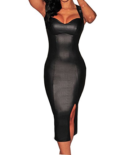 Sexy Womens Black Faux Leather Key-hole Back Padded Low V Neck Midi Dress