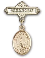 14K Gold Baby Badge with St. Germaine Cousin Charm and Godchild Badge Pin