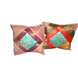 2 Maya-Blue Cream Zardozi Vintage Silk Sari Toss Pillow Cushion Coversby Mogulinterior