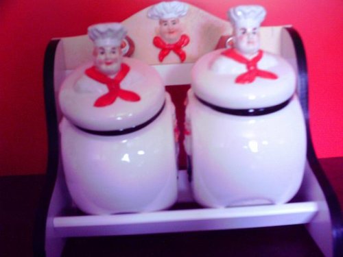 FAT ITALIAN CHEF 3-Dimensional STORAGE JARS & WOOD SHELF Rack Chefs NEW