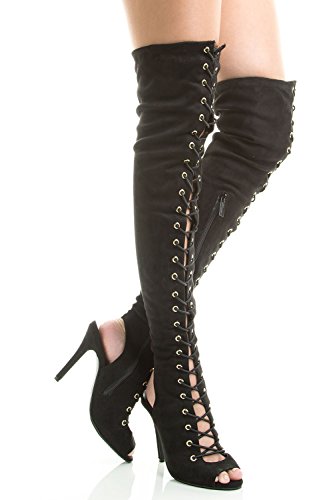 Breckelle's Womens Peep Toe Corset Lace Up High Stiletto Heel Over The Knee Thigh Boot