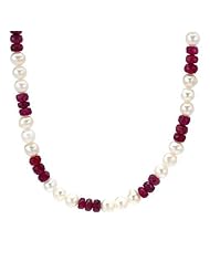 Sterling Silver Pearl and 20.5 CTW Ruby Ladies Necklace. Length 16.5 in. Total Item weight 17.8 g.