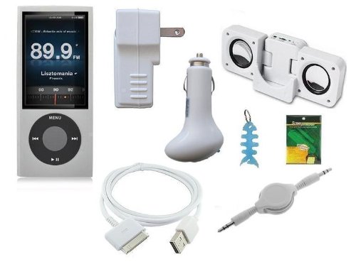 8 Items Accessory Combo for Apple Ipod Nano 5th Generation (5G): Includes Clear/White Silicone Skin Case Cover, LCD Screen Protector, USB Wall Charger, USB Car Charger, 2in1 USB Data Cable, White Portable Mini Speaker, 3.5mm Auxiliary Retractable Cable, L