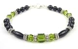 Olivine - Dark Peridot August Birthstone Bracelets in Onyx, Sterling Silver, and Swarovski Austrian Crystals