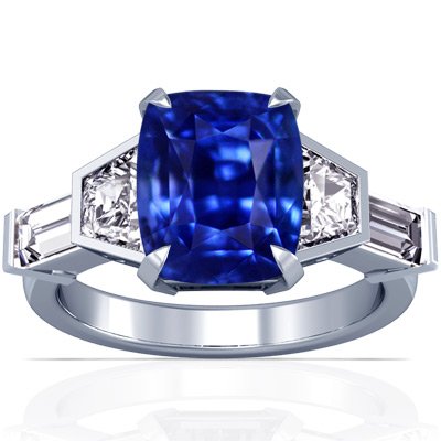 Platinum Cushion Cut Blue Sapphire Ring With Sidestones