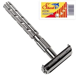 Parker 22R - Long Handle Butterfly Open Double Edge Safety Razor & 10 Shark Super Chrome Blades