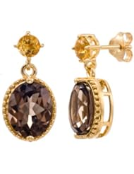 Sterling Silver with 14KT Gold Flash Citrine and Smoky Quartz Two Drop Earrings