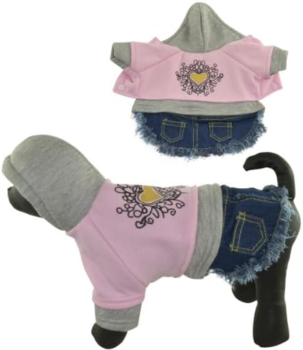 Dogloveit Sweetie Pet Puppy Cat Dog Costume Cosplay Lovely Heart Pattern Denim Dog Skirt Dog Hoodie Warm Clothes for Puppy and Small Dog Cat
