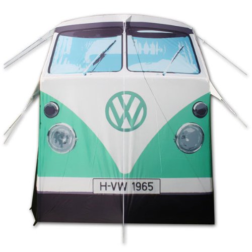 VW Camper Van Tent. Peppermint Green. Sleeps 4 Persons. Officially licensed by Volkswagen and designed on the 1965 VW Camper Van. Quick and easy to erect. Hydrostatic Head Waterproof Rating 3000mm Roof. VW Camper Van Tent includes inner and outer tents, poles, pegs, rope and instructions.