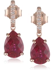 Sterling Silver Pink Gold Flash Plating Pear Shape Created Ruby with Created White Sapphire Earrings