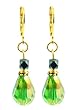 Earrings - E156- Faceted Fire Polished Glass Beads Hung on Gold Plated Leverbacks ~ Peridot Green Iridescent Teardrop