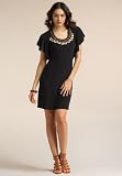 Chadwicks Flutter-Sleeve Beaded Neckline Dress (BLACK,S)