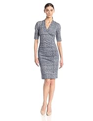 V-neck Cotton/Elastane/Nylon/Polyester/Ponte General Print Empire   Waistline  Mesh Ruched  Dress With a Bow(s)