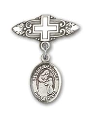 Sterling Silver Baby Badge with Blessed Caroline Gerhardinger Charm and Badge Pin with Cross