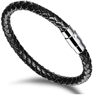 GSG Fashion Black Leather and Stainless Steel Woven Men Fashion Bangle Bracelet