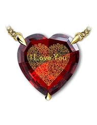 Red Heart Jewelry - Gold Filled Love Necklace - I Love You Pendant in 120 Languages - Inscribed in 24kt Gold on Garnet Cubic Zirconia CZ Gem - Anniversary Gift Ideas for Wife
