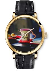 SPRAWL Aanalog Fashion Series Gold Ladies Watches of Genuine Black Leather Strap,Unique Wrist Watch for Women Girls Designed with Linda cup of coffee