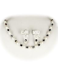 Black Bicone Beads White Freshwater Rice Pearl Necklace Adjustable 16-18 Inch Earrings