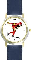 Man Speed Skater Ice Skating Theme Ice Skating - WATCHBUDDY&reg; DELUXE TWO-TONE THEME WATCH - Arabic Numbers - Blue Leather Strap-Women's Size-Small