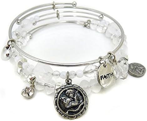 Faith Bracelet Angel Stackable Bangles Silver Tone White Charm Beaded Adjustable