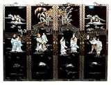 Oriental Black Lacquer Wood Wall Panels, Traditional Chinese Temple Scene - Hand Painted, Mother of Pearl Shell