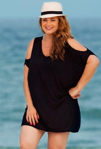 SFA House Brand Eclipse Plus Size V-Neck Slit Shoulder Tunic Plus Size Swimsuit - Black - Size:10 / 12