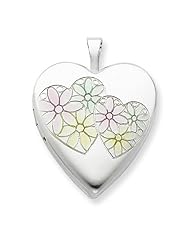 Sterling Silver 20mm Satin & Enameled Hearts & Flower Heart Locket