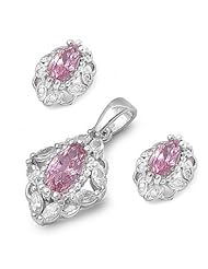 Sterling Silver Pink CZ Fancy Oval Earring & Necklace Set