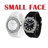 Women's Geneva TWO Black & White SMALL FACE Platinum Silicone Rubber Jelly with CZ Crystal Rhinestones Face Bling Bezel