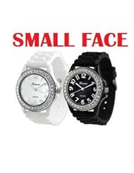 Womens Geneva TWO Black & White SMALL FACE Platinum Silicone Rubber Jelly with CZ Crystal Rhinestones Face Bling Bezel