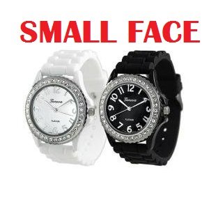Women's Geneva TWO Black & White SMALL FACE Platinum Silicone Rubber Jelly with CZ Crystal Rhinestones Face Bling Bezel