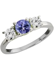 0.96 Ct Round Blue Tanzanite and White Diamond 18k White Gold Ring