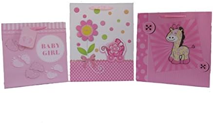 Baby Shower Girl Bags, Large 12 X 10 X 6 (Pink), Assorted 3 Pack Gift Bags
