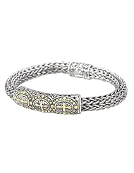 Enchanta Collection Sterling Silver & 18K Wheat Chain Three Cross Bracelet, 7.5 Inch