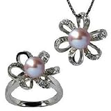 Morning Bloom Lavender Cultured Pearl Cubic Zirconia Platinum Overlay Sterling Silver Pendant Necklace 18" & Ring Set