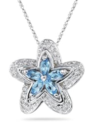 0.13 Cts Diamond & 0.35 Cts Swiss Blue Topaz Pendant in 14K White Gold