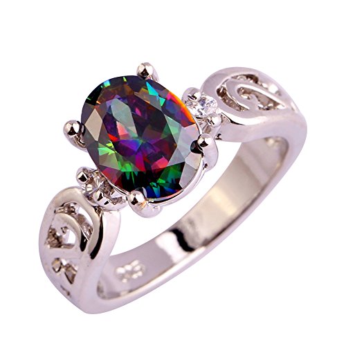 Psiroy 925 Sterling Silver Stunning Created Gorgeous Women's 7mm*9mm Oval Cut CZ Rainbow Topaz Filled Ring