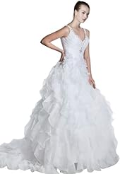 A-line V-neck Beaded Lace-Up Organza  Dress with a Court Train 