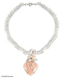 Rose quartz and pearl necklace, 'Loving Heart' 0.5 W 18.9 L
