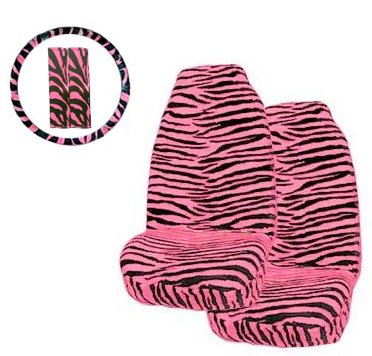 5 Piece Universal Fit Pink Zebra Tiger Print Front Bucket Seat Cover, Steering Wheel Cover and Shoulder Harness Seat Belt Covers