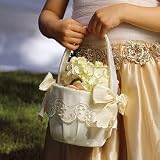 Flower Girl Basket with Embroidered Sheer Trim & Bows - Ivory