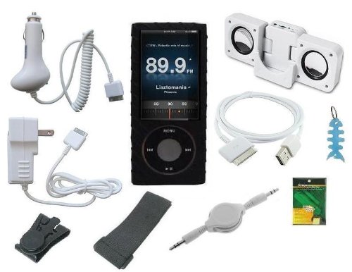 10 Items Accessory Combo for Apple Ipod Nano 5th Generation (5G): Includes Black Silicone Skin Case Cover, Armband, Black Belt Clip, LCD Screen Protector, Wall Charger, Car Charger, 2in1 USB Data Cable, White Portable Mini Speaker, 3.5mm Auxiliary Retract