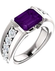 14K White Gold 9.00x7.00mm Emerald Cut Amethyst and Diamond Ring -- LIFETIME WARRANTY