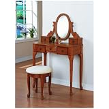 3 Piece Oak Finish Wood Vanity with Bench Mirror and Jewelry Boxes by The Furniture Cove