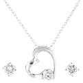 Sterling Silver With Cubic Zirconia Heart Necklace & Round Earring Set - Silver/White ( 18" )