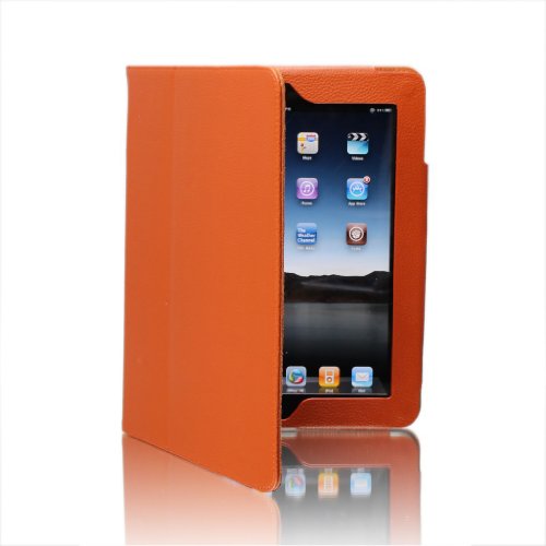 SAVEICON PU Folio Leather Case with Built-in Stand for Apple iPad 1 1st Generation-Orange