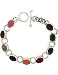 Sterling Silver Multi Color Stone Oval Link Bracelet Toggle Clasp, 3/8 inch wide, 7.5 inch