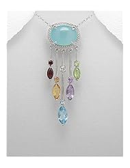 Gem Stones Pendant Necklace In Thai 925 K Sterling Silver